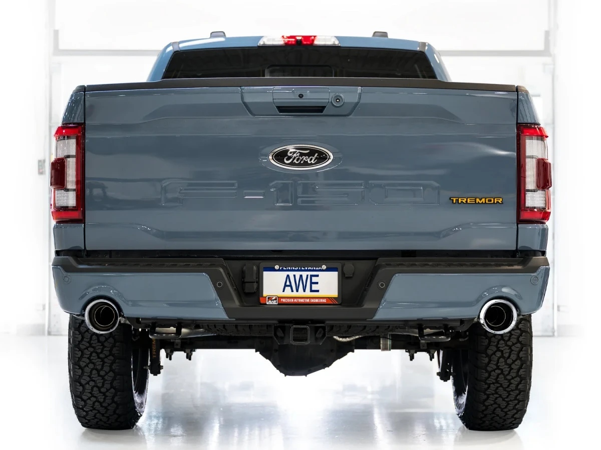 Ford F150 Performance Exhaust - AWE Tuning - Cat Back, 0FG Resonated - Chrome Silver Tips - w/ Bumper Cutouts `21-`27