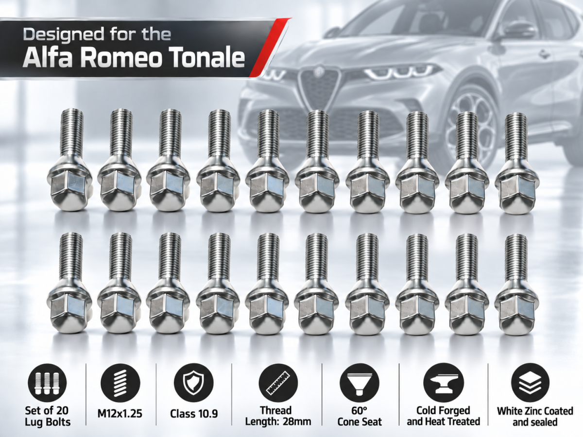 Alfa Romeo Tonale Lug Bolt Set - Set of 20 - M12x1.25 - 60° Cone Seat - Silver
