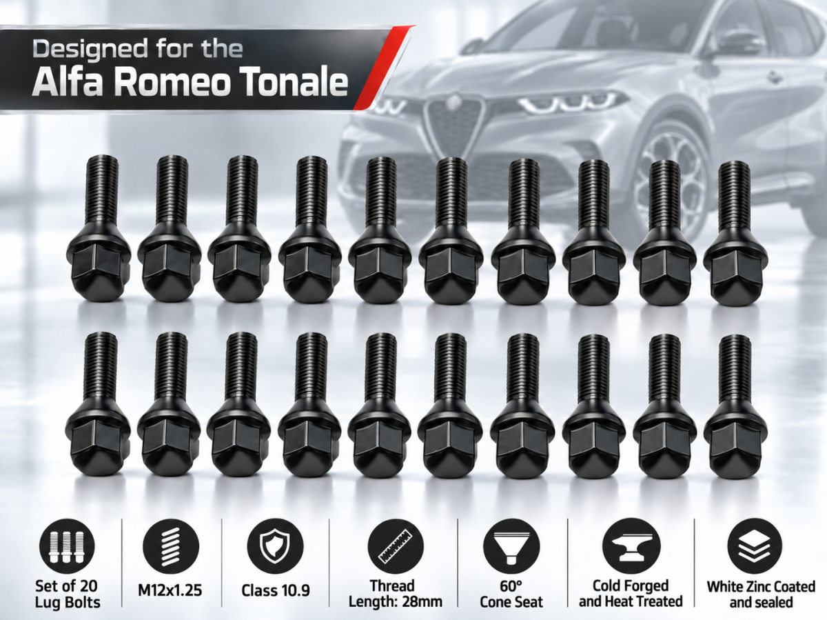 Alfa Romeo Tonale Lug Bolt Set - Set of 20 - M12x1.25 - 60° Cone Seat - Black