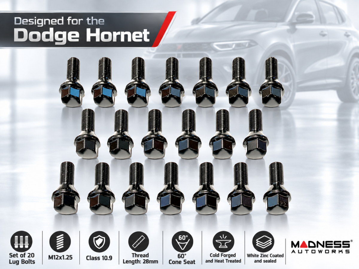 Dodge Hornet Lug Bolt Set - Set of 20 - M12x1.25 - 60° Cone Seat - Black