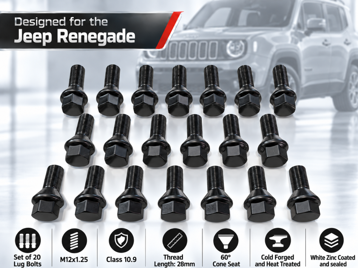 Jeep Renegade Lug Bolt Set - Set of 20 - M12x1.25 - 60° Cone Seat - Black - 17mm Head