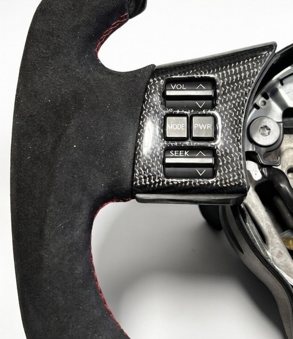 Nissan 350Z Custom Steering Wheel - Carbon Fiber - F1 Style - Flat Bottom - Alcantara / Red Stitch