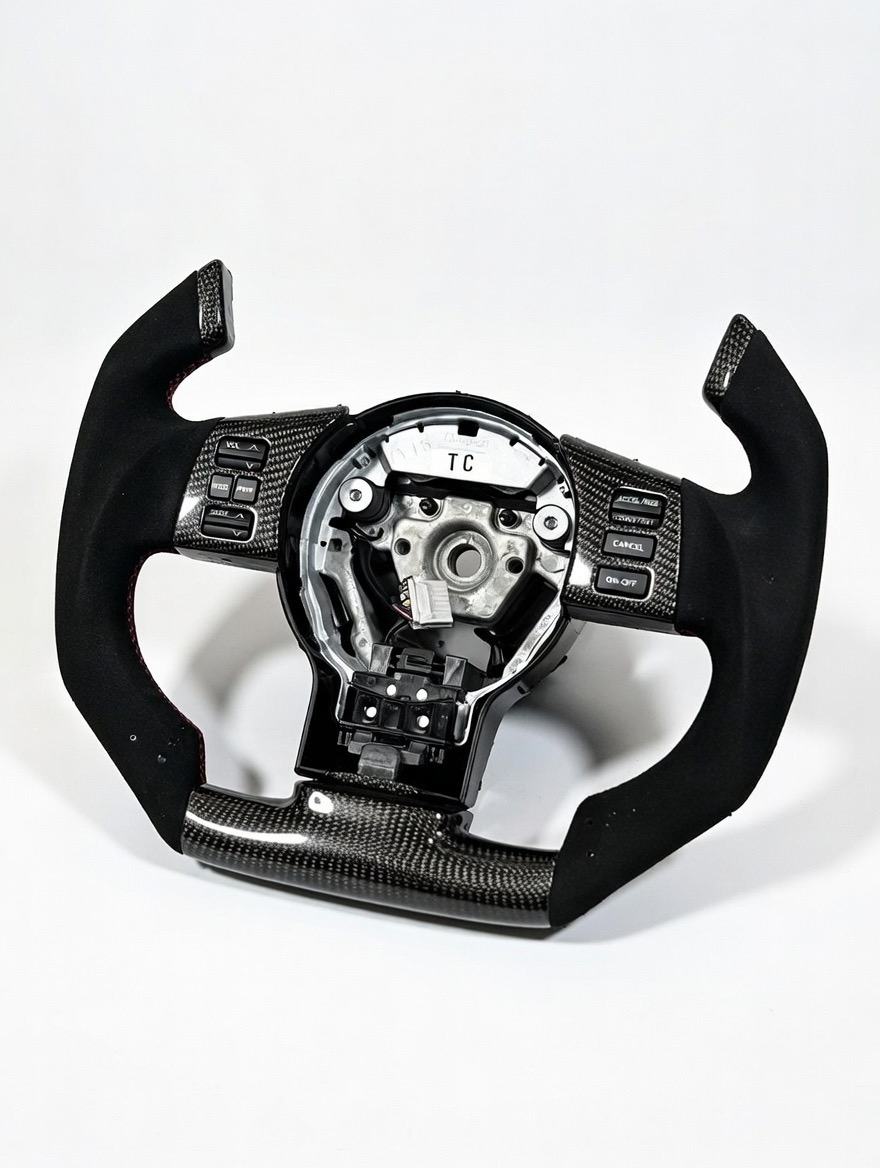 Nissan 350Z Custom Steering Wheel - Carbon Fiber - F1 Style - Flat Bottom - Alcantara / Red Stitch