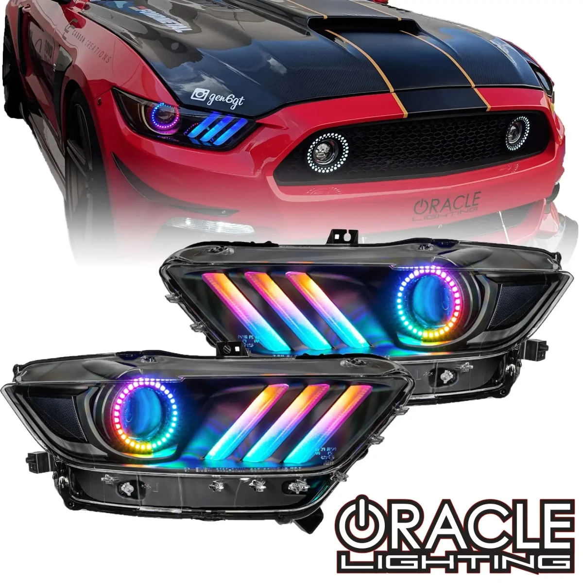 Ford Mustang Headlight Assemblies - ORACLE Lighting - Dynamic RGB+A Pre-Assembled, Black Edition - Black - `15-`17
