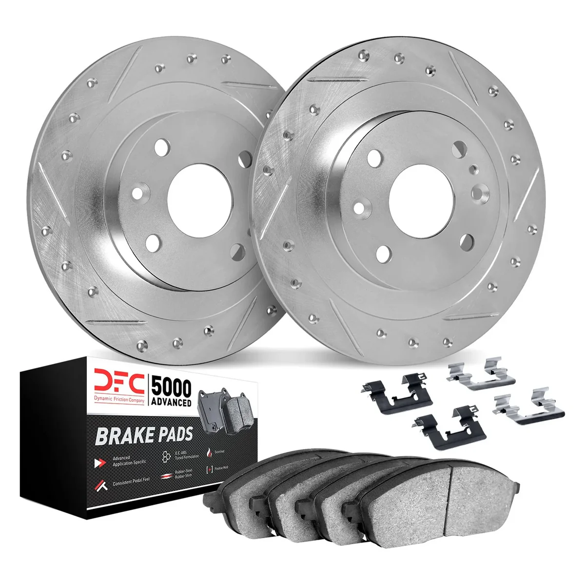 Alfa Romeo Giulia Brake Kit - Rear - R1 Concepts - Geoperf Rotors - Drilled & Slotted + 5000 Advanced Brake Pads - Silver-Gray - `17-`25 Alfa Romeo Giulia Brake Kit - Rear - R1 Concepts - Geoperf Rotors - Drilled & Slotted + 5000 Advanced Brake Pads - Silver-Gray - `17-`25