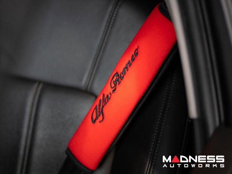 Seat Belt Shoulder Pads - set of 2 - Red w/ Alfa Romeo Logo + Black Binding