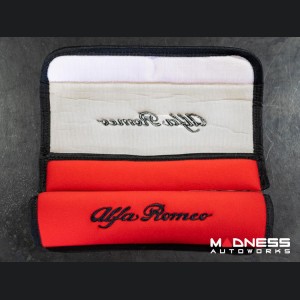 Alfa Romeo Seat Belt Shoulder Pads - set of 2 - Red w/ Alfa Romeo Logo + Black Binding