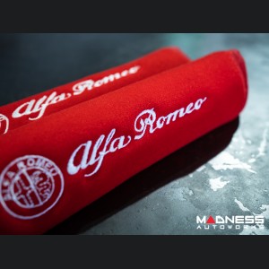 Alfa Romeo Seat Belt Shoulder Pads - set of 2 - Red w/ White Alfa Romeo Logo + Red Binding