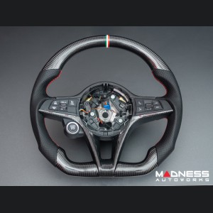 Alfa Romeo Stelvio Custom Steering Wheel - Carbon Fiber - Round Top/ Flat Bottom - w/ Italian Stripe - QV Models - Perforated Leather 