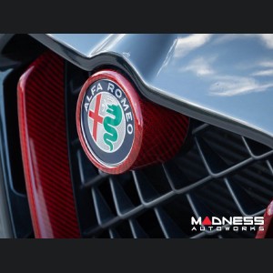Alfa Romeo Stelvio Front V Shield Grill Frame + Emblem Frame Kit - Carbon Fiber - Red Candy - QV Model