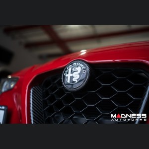 Alfa Romeo Emblems + Badges + Wheel Caps Kit - Black - "Alfa Romeo" + "Sportiva" Emblems + 2 AR Badges + 4 Center Caps