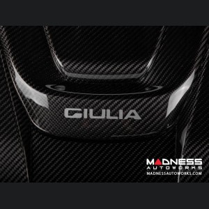 Alfa Romeo Giulia Engine Cover - Carbon Fiber - QV Version - White Candy Accents + Giulia Logo + Cloverleaf 