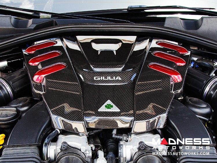 Alfa Romeo Giulia Engine Cover - Carbon Fiber - QV Version - Red Candy Accents