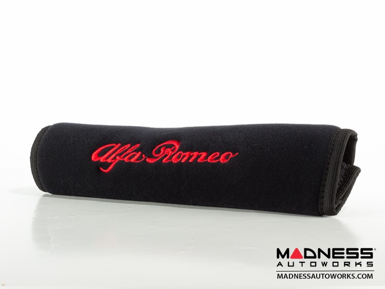 Seat Belt Shoulder Pads - set of 2 - Black w/ Alfa Romeo Logo + Black Binding