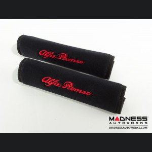 Alfa Romeo Seat Belt Shoulder Pads - set of 2 - Black w/ Alfa Romeo Logo + Black Binding