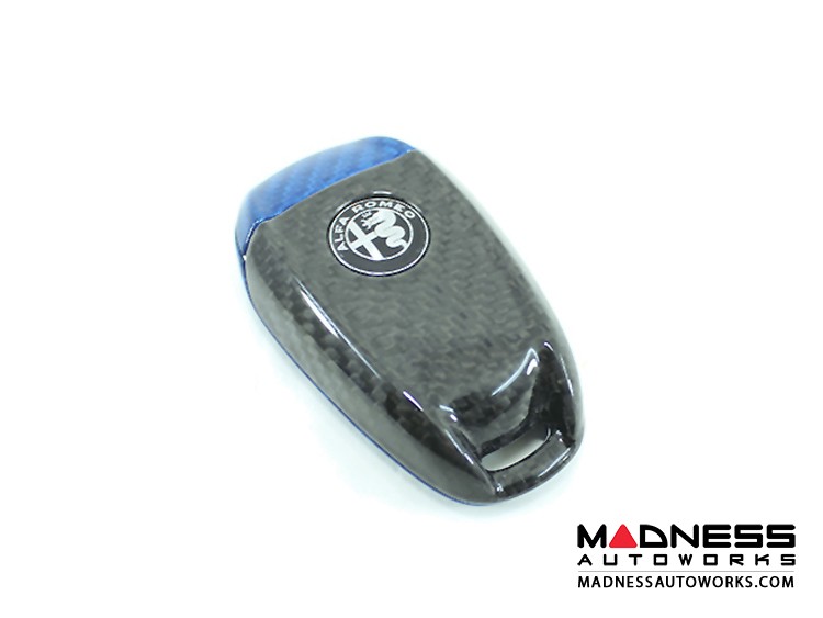 Alfa Romeo Giulia Key Fob Cover  - Carbon Fiber - Black Main/ Blue Candy Accents