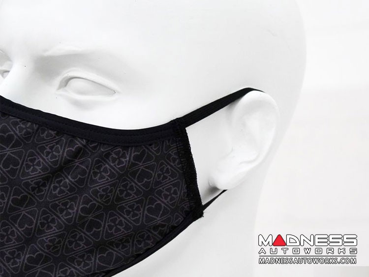 Face Mask - Triple Layer - Alfa Romeo Quadrifoglio Gray Cloverleafs w/ Red Logo Grid Design