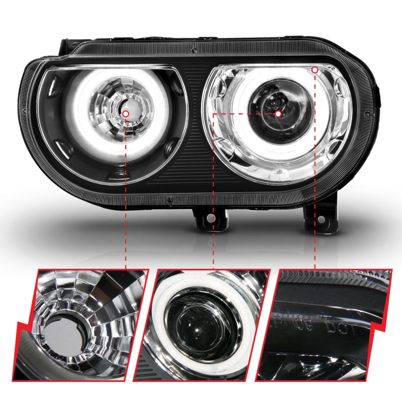 Dodge Challenger Projector Headlights - ANZO - CCFL, Halo, Clear Lens, Black Housing, Pair - Black - `08-`14