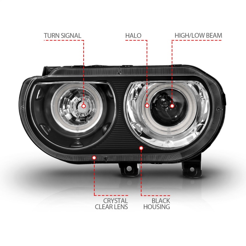 Dodge Challenger Projector Headlights - ANZO - CCFL, Halo, Clear Lens, Black Housing, Pair - Black - `08-`14