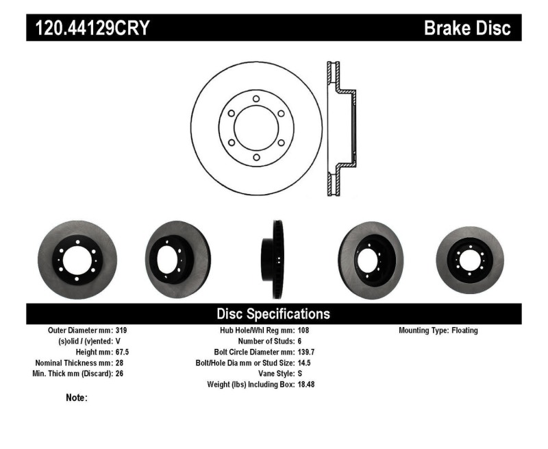 Toyota Tacoma Brake Rotor (1) - Front - Stoptech - Cryo Treated - Black - `05-`19