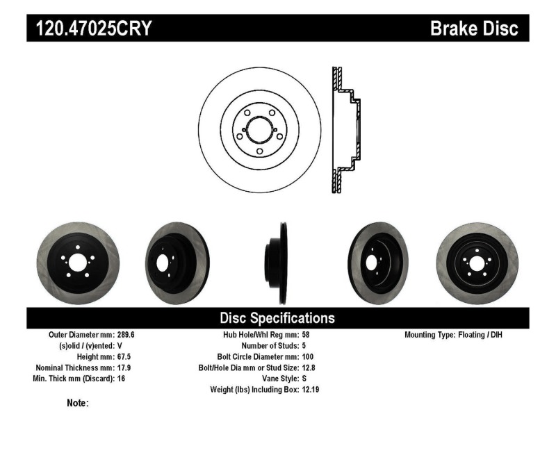 Subaru Legacy Brake Rotor (1) - Rear - Stoptech - Premium Cryostop Rotor - Black - `05-`09
