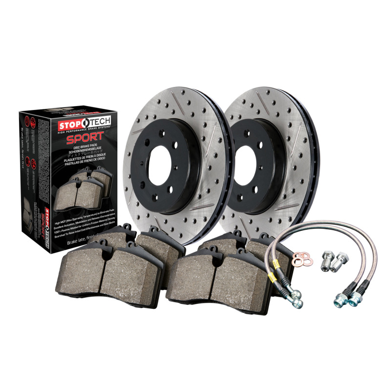 Nissan 370Z Brake Kit - Front - Stoptech - Slotted/Drilled Rotors + Sport Pads + Stainless Steel Lines - `14-`15