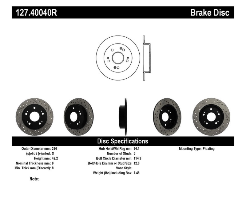 Honda Civic Brake Rotor (1) - Rear Right - Stoptech - Slotted & Drilled - Black - `06-`15