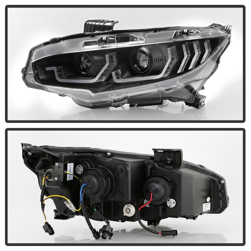 Honda Civic Headlights - SPYDER - Proj Headlight w/ LED Sequential Turn Signal Lights - Black - `16-`18