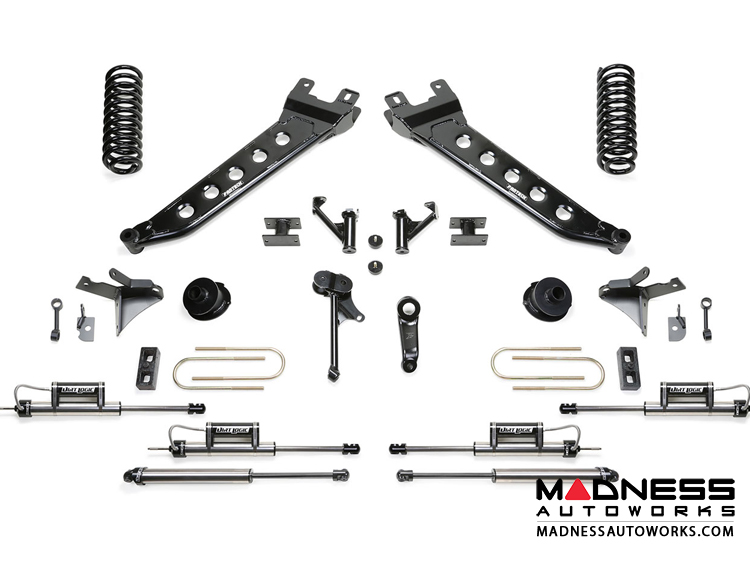 Dodge Ram 3500 5" Radius Arm System w/ Coil Springs and Dual Dirt Logic Resi and Non Resi 2.25 Shocks by Fabtech (2013 - 2017) 4WD